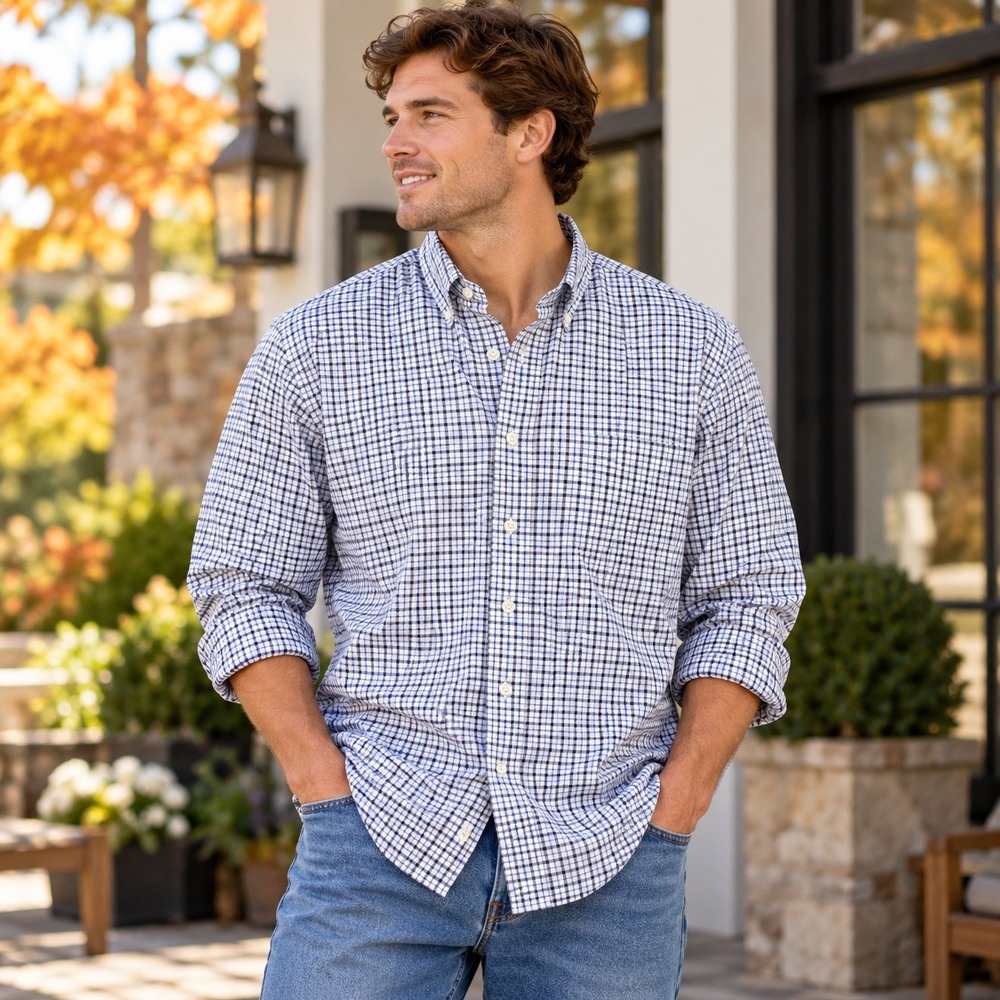 Ralph Lauren Button Down Shirt Stretch Poplin Plaid Blue White Check Men's Large